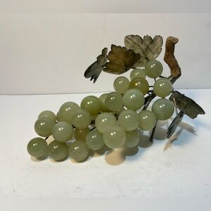 MCM Carved Polished Stone Green Grape Cluster w/ Jade Leaves